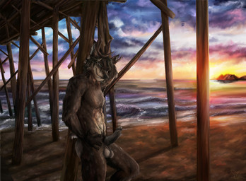5_fingers abs anthro antlers balls beach biped black_hair black_nose black_penis bodily_fluids brown_body brown_fur cum cum_drip detailed_background dripping erection fingers fur genital_fluids genitals green_eyes hair hand_on_hip horn looking_down male multicolored_body multicolored_fur muscular muscular_anthro muscular_male nude outside penis pier precum romantic romantic_ambiance sand seaside short_tail side_view sky smile solo standing sun sunset tail tan_body tan_fur two_tone_body two_tone_fur water killianwalker deer mammal