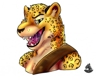 anthro bodily_fluids clothed clothing looking_at_viewer male open_mouth saliva solo spots straps tongue topless nolow felid feline jaguar mammal pantherine 2017