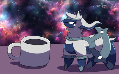 black_underbelly chibi clothing coffee_mug comparing drone feral hat headgear headwear size_difference smaller_feral space white_body dirtymac mac-daddy nintendo pokemon arceus generation_4_pokemon legendary_pokemon pokemon_(species) 16:10 absurd_res hi_res widescreen