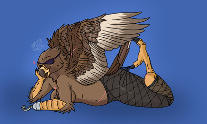 amputee anthro beak biped bottomwear breasts brown_body brown_feathers bullet_wound butt claws clothed clothing disability eye_patch eyewear facial_scar feathered_wings feathers feet female fishnet_clothing fishnet_legwear head_on_hand hook hook_hand legwear looking_at_viewer lying missing_eye missing_hand missing_leg on_front open_mouth pantyhose scar simple_background solo tail tail_feathers wings conditional_dnp midtierburrito hooked_on_heel_(trend) bayarma_(midtierburrito) accipitrid accipitriform avian bird eagle golden_eagle true_eagle 5:3 digital_media_(artwork) hi_res signature