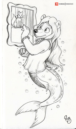 anthro bubble clothed clothing female female_anthro glistening glistening_eyes hair long_hair mouth_closed painting_(object) patreon_logo scales solo split_form pandapaco patreon aquatic bear hybrid mammal merfolk hi_res spot_color