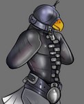 anthro bdsm blindfold bound chastity_bulge chastity_cage chastity_device collar falconry_hood fully_bound hood hooded latex leather_helmet male restraints sensory_deprivation sensory_deprivation_helmet solo straitjacket noahsense animal_crossing nintendo apollo_(animal_crossing) avian