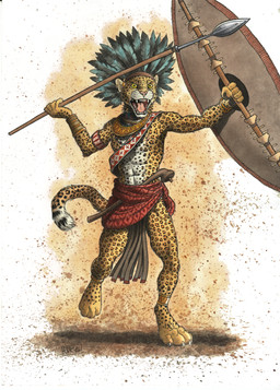 4_toes 5_fingers abs anklet anthro armlet armor bracelet clothed clothing club_(weapon) collar digitigrade ear_piercing ear_ring feet fingers fur fur_markings headdress holding_melee_weapon holding_object holding_polearm holding_shield holding_spear holding_weapon jewelry leopard_spots male markings melee_weapon open_mouth piercing polearm ring_piercing sash shield solo spear spots standing teeth toes tongue tribal vambrace warrior weapon yellow_body yellow_eyes yellow_fur 0laffson felid feline leopard mammal pantherine 2022 dated hi_res painting_(artwork) signature traditional_media_(artwork) traditional_painting_(artwork) traditional_watercolor_(artwork) watercolor_(artwork)