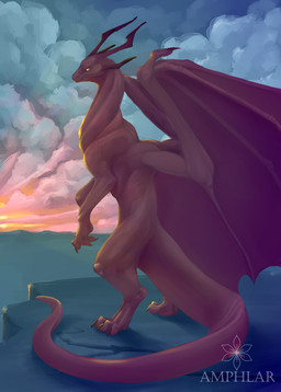 claws cloud feral horn landscape rock solo sunset tail wings amphlar mythology dragon mythological_creature mythological_scalie scalie hi_res