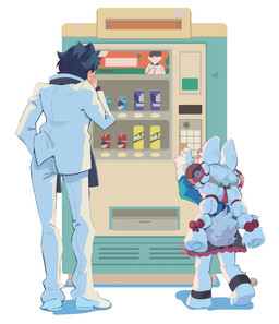 anthro bottomwear braided_hair canned_drink clothed clothing duo ear_piercing female food fur hair jewelry kemono light long_hair machine male pants piercing pink_hair shirt shortstack simple_background size_difference suit tail topwear vending_machine white_bottomwear white_clothing white_pants white_shirt white_suit white_topwear mangedugruau mihoyo zenless_zone_zero damian_blackwood zhao_(zenless_zone_zero) human lagomorph leporid mammal rabbit thiren 2025 digital_media_(artwork) hi_res lighting