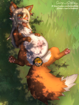 ambiguous_gender ambiguous_prey animal_genitalia animal_vulva belly belly_blush big_belly big_tail black_vulva blonde_hair blush bodily_fluids body_blush brown_ears canine_genitalia canine_vulva chest_tuft claws countershading cute_fangs dappled_light detailed_background digit_ring dipstick_tail duo fangs feather_(accessory) female female_penetrated female_pred feral fluffy_ears fur genital_fluids genitals glistening glistening_genitalia glistening_pawpads glistening_vulva green_eyes hair huge_tail inner_ear_fluff jewelry komorebi large_penetration larger_pred long_hair looking_pleasured lying male male/female markings meadow on_back one_eye_closed open_mouth orange_body orange_fur orange_tail outside pawpads paws penetration pink_pawpads plant pleased_expression ring size_difference size_play solo spread_legs spreading straining tail tail_markings teeth text tongue tuft two_tone_tail unbirthing vaginal vaginal_fluids vaginal_fluids_on_face vaginal_fluids_on_vulva vore vulva wedding_ring white_body white_countershading white_fur white_inner_ear_fluff white_tail willing_pred willing_prey yellow_body yellow_fur stellaamoris isan_(character) stella_(stellaamoris) canid canine canis domestic_dog fox mammal shiba_inu spitz absurd_res digital_media_(artwork) digital_painting_(artwork) hi_res painting_(artwork) url male_(lore)