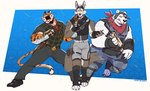 2024 absurd_res action_pose anthro anthro_focus armor army_helmet bear belt bennycartoonist big_muscles blue_background border bottomwear bulletproof_vest canid canine canis claws clenched_teeth clothed clothing epic_games eye_patch eyewear felid feral fingerless_gloves footwear fortnite fur gloves group gun handwear hat headgear headwear helmet hi_res holding_character holding_gun holding_object holding_ranged_weapon holding_weapon kerchief knife male mammal melee_weapon musclegut muscular muscular_anthro muscular_male narrowed_eyes neckerchief necktie open_mouth oscar_(fortnite) overweight overweight_anthro overweight_male pantherine pants polar_bear polar_patroller pose ranged_weapon rifle roaring rodent running sciurid sharp_teeth shirt shoes shorts simple_background smile solo standing teeth tiger toeless_footwear tongue topwear tree_squirrel tuft ursine vest walking walnut_(fortnite) weapon wendell_(fortnite) whiskers white_border wolf