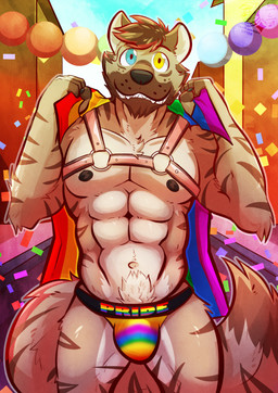 abs anthro black_nipples black_nose blue_eyes body_hair brown_hair brown_stripes bulge cheek_tuft chest_tuft chin_tuft confetti facial_tuft flag flag_(object) forearm_muscles fur hair happy_trail heterochromia holding_flag holding_object lgbt_pride looking_at_viewer male muscular muscular_male navel nipples ornament outside partially_clothed_male pecs pride_colors rainbow_flag rainbow_pride_flag rainbow_pride_underwear rainbow_symbol shirtless_male short_hair sky smile solo street stripes tail tan_body tan_fur text tuft whisker_spots white_body white_fur yellow_eyes ventkazemaru hyena mammal 2024 artist_name dated hi_res signature