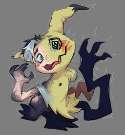 3_fingers ambiguous_gender black_hair bodily_fluids clothing featureless_crotch fingers grey_background grey_hair hair hoodie on_one_leg open_mouth simple_background solo species_transformation spiral spiral_eyes standing surprised sweat sweatdrop tail topwear transformation mkiiiconvertible nintendo pokemon generation_7_pokemon human mammal mimikyu pokemon_(species) 2024 digital_media_(artwork)