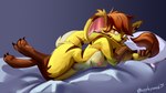 anthro bed big_ears breasts brown_body brown_fur brown_hair digitigrade female fur furniture hair long_tail looking_at_viewer navel nipples orange_eyes pillow seductive solo tail tail_tuft tongue tongue_out tuft yellow_body yellow_fur applepost67 slightly_damned rhea_snaketail jakkai colored hi_res signature