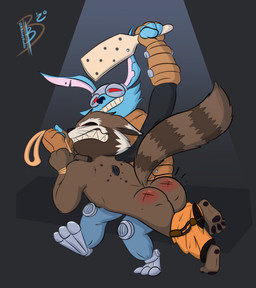 anthro anthro_on_anthro armor barefoot biped blue_body blue_fur bottomwear bottomwear_down butt butt_slap clothed clothing dominant dominant_male duo feet fur headgear helmet male male/male markings paddle pants pants_down partially_clothed restrained ring_(marking) ringed_tail slap spank_marks spanking striped_markings striped_tail stripes submissive submissive_male tail tail_markings teeth bibbidy guardians_of_the_galaxy marvel blackjack_o'hare rocket_raccoon hare lagomorph leporid mammal procyonid raccoon hi_res