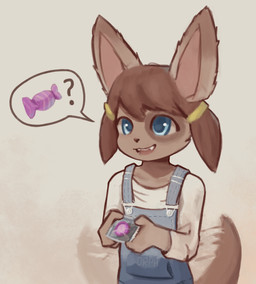 anthro clothed clothing condom female fur hair overalls sexual_barrier_device simple_background smile solo tail tail_motion tailwag teeth tongue young young_anthro young_female orphira canid canine mammal absurd_res digital_media_(artwork) hi_res