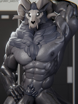 2_horns abs anthro barazoku biceps big_muscles black_body black_fur blurred_background bodily_fluids body_hair bone chest_tuft dark_nipples fangs fur genitals glowing glowing_eyes hand_behind_head happy_trail horn looking_at_viewer male muscular muscular_anthro muscular_arms muscular_male nipples nude nude_anthro nude_male pecs penis pubes raised_arm sharp_teeth skull skull_head solo sweat sweaty_body teeth tuft wet wet_body furry_ghosty leodamodeler_(modeler) american_mythology indigenous_north_american_mythology mythology north_american_mythology roderick_(elsifthewolf) wendigo 3:4 3d_(artwork) absurd_res digital_media_(artwork) hi_res watermark