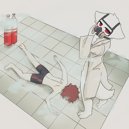 3_toes 5_fingers anthro bottomwear brown_hair clothed clothing coat duo feet fingers floor fur gas gas_mask gas_tank hair lab_coat looking_at_viewer male mask red_eyes shorts simple_background sleeping tile tile_floor toes topless topwear unconscious white_background white_body white_fur fchicken changed_(video_game) dr._k_(changed) lin_(changed) canid canine canis human mammal wolf 1:1 hi_res