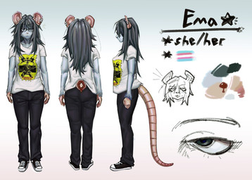 anthro black_bottomwear black_clothing black_hair black_pants bottomwear clothing ear_piercing eyewear female footwear front_view fur glasses grey_body grey_fur hair lgbt_pride looking_at_viewer pants piercing pride_colors rat_tail rear_view round_glasses shirt shoes side_view sneakers solo star tail text topwear transgender_pride_colors white_clothing white_shirt white_topwear amyarellano07 vektor_(band) emma_(dumb_plague) mammal murid murine rat rodent hi_res model_sheet trans_(lore) trans_woman_(lore)
