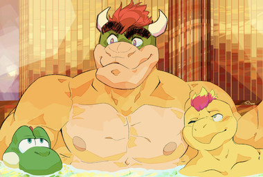 anthro barazoku bath bathhouse big_muscles big_pecs big_snout boss broad_shoulders countershade_face countershade_torso countershading eyebrows green_body group hair henchmen horn hot_spring larger_male leaning_on_another looking_aside looking_at_another looking_up male male/male muscular nipples non-mammal_nipples nude one_eye_closed orange_body pecs red_hair relaxing resting size_difference smaller_male smile spines steam thick_eyebrows trio water yellow_body spooky_dune mario_bros nintendo bowser dinosaur hammer_bro koopa prehistoric_species reptile scalie turtle yoshi hi_res signature