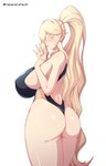 big_breasts big_butt bikini_thong blonde_hair breasts butt clothing female hair huge_breasts humanoid_pointy_ears looking_at_viewer looking_back looking_back_at_viewer not_furry one-piece_swimsuit ponytail simple_background solo swimwear thick_thighs white_background yamanata elf hi_res