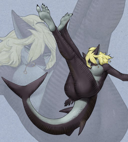 5_toes anthro blonde_hair breasts butt feet female foot_fetish foot_focus green_eyes hair humanoid_feet nipple_piercing nipples nude piercing plantigrade presenting soles solo tail thighs_up toes 0xk1ru seiju_(seijukaiju) aquatic fish shark absurd_res hi_res