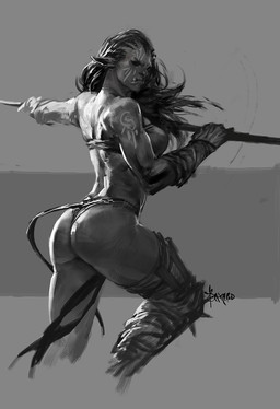 butt clothed clothing female hair holding_object holding_weapon looking_aside melee_weapon muscular muscular_female muscular_humanoid not_furry polearm side_view skimpy solo spear tattoo weapon bayard_wu humanoid orc 2016 greyscale monochrome