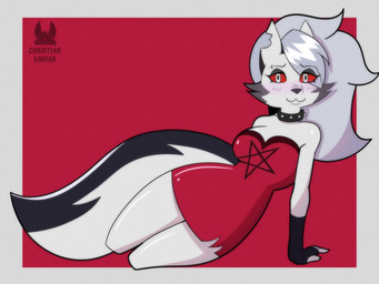 alternative_fashion anthro blush clothing dress ear_piercing female goth lying piercing red_clothing red_dress smile solo christianvanian hellaverse helluva_boss mythology loona_(helluva_boss) canid canid_demon canine canis demon hellhound mammal mythological_canine mythological_creature wolf 4:3 hi_res