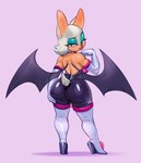 anthro armwear bare_shoulders bat_wings big_butt black_nose blue_background blue_eyes blue_eyeshadow bodysuit boots butt clothed clothing elbow_gloves eyelashes eyeshadow female footwear fully_clothed gloves hair handwear high_heeled_boots high_heels holding_butt legwear lipstick looking_at_viewer looking_back makeup membrane_(anatomy) membranous_wings rear_view red_lipstick shoes short_hair simple_background skinsuit smile solo standing text thigh_boots thigh_highs tight_clothing white_hair wings nagainosfw sega sonic_the_hedgehog_(series) rouge_the_bat bat mammal 2025 absurd_res artist_name hi_res