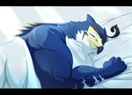 anthro beak bed blue_body blue_feathers dipstick_beak feathers furniture male muscular muscular_anthro muscular_male sleeping solo septen_trion lifewonders tokyo_afterschool_summoners horus_(tas) avian bird falcon falconid 2020