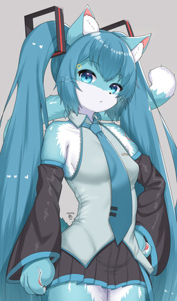 4_fingers accessory alternate_species anthro black_bottomwear black_clothing black_nose black_skirt black_sleeves blue_body blue_clothing blue_eyes blue_fur blue_hair blue_necktie blue_tail blue_topwear bottomwear clothed clothing countershade_face countershade_fur countershade_torso countershading cute_fangs dipstick_tail fangs female fingers fur furrification hair inner_ear_fluff kemono long_hair looking_at_viewer markings necktie pawpads simple_background skirt solo tail tail_markings teeth topwear tuft whiskers white_body white_fur white_tail_tip horokusa0519 vocaloid yamaha_corporation hatsune_miku domestic_cat felid feline felis mammal 2025 hi_res