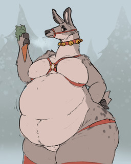 anthro bell bell_collar big_breasts big_butt breasts butt butt_from_the_front carrot clothing collar featureless_breasts featureless_crotch female female_anthro food freckled_arms freckled_hips freckles fupa genitals hand_on_back harness holding_food holding_object huge_butt huge_hips huge_thighs legwear looking_at_viewer motion_lines multicolored_body navel obese obese_anthro obese_female outside overweight overweight_anthro overweight_female plant pose solo standing tail thick_thighs thigh_highs two_tone_body vegetable vulva wide_hips 6saw789 deer mammal new_world_deer reindeer 2025 digital_drawing_(artwork) digital_media_(artwork) hi_res pinup