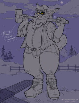 anthro belly belt boots bottomwear bulge clothed clothing cloud construction_worker detailed_background digitigrade eyewear fence flannel footwear fully_clothed glasses grass hammer hill holding_sledgehammer male male_anthro moobs outside pants plant shoes sky sledgehammer solo standing tail tail_motion tailwag thick_thighs tight_bottomwear tight_clothing tight_pants tools topwear vest wearing_glasses wide_hips working sinisterheaven felid feline lynx mammal hi_res