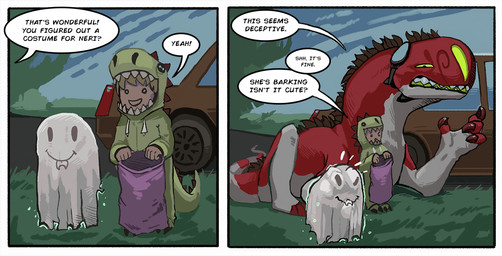 4_fingers car claws clothing costume day detailed_background duo female feral finger_claws fingers grass grey_body holidays outside plant red_body red_claws sky smile text toe_claws vehicle young alradeck conditional_dnp caelum_sky halloween neri_(caelum_sky) dinosaur ghost human mammal prehistoric_species reptile scalie spirit comic english_text