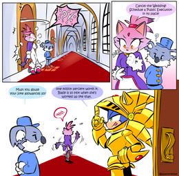 accessory annoyed anthro armor black_eyes black_nose blue_body blue_clothing blue_fur blue_hat blue_headwear blue_shirt blue_topwear blush blush_lines bodily_fluids bottomwear castle clothed clothed_anthro clothed_female clothed_male clothing color_coded color_coded_speech_bubble dialogue dressing dressing_up exclamation_point female flustered footwear fully_clothed fully_clothed_anthro fully_clothed_female fully_clothed_male fur gem gloves gold_(metal) gold_armor green_eyes group hair_accessory hairband hallway handwear hat headgear headwear high_heels inner_ear_fluff knight knight_armor male pants pink_clothing pink_footwear pink_high_heels pink_tongue princess purple_body purple_clothing purple_fur purple_hair_tips purple_shirt purple_topwear question_mark quills_(anatomy) red_forehead_gem red_gem red_gemstone red_hairband royalty servant shirt shoes smug_face smug_grin speech_bubble sweat sweatdrop teasing text tongue tongue_out topwear trio tuft warrior white_body white_bottomwear white_clothing white_fur white_gloves white_handwear white_inner_ear white_inner_ear_fluff white_mouth white_pants yellow_eyes quavernsfw sega sonic_and_the_black_knight sonic_storybook_series sonic_the_hedgehog_(series) blaze_the_cat excalibur_sonic sonic_the_hedgehog domestic_cat eulipotyphlan felid feline felis hedgehog koala mammal marsupial vombatiform 2026 absurd_res comic english_text hi_res multiple_scenes