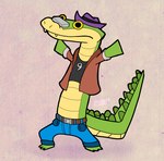 anthro biped bottomwear clothing cute_fangs fangs green_body hat headgear headwear pants shirt solo teeth topwear mezasalvador brok_the_investigator cowcat_games toothless_dancing brok_(brok_the_investigator) alligator alligatorid crocodilian reptile scalie 2024 absurd_res hi_res meme