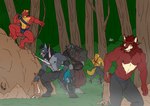 anthro blood bodily_fluids fog forest gore group hunter male melee_weapon muscular plant sword tree weapon hunterramirez predator_(franchise) alien canid canine canis domestic_dog mammal wolf yautja