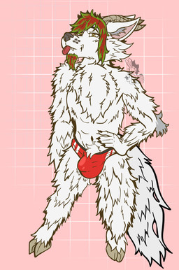anthro bulge clothing fluffy hair hairy hooves male red_hair solo speedo swimwear bovid canid canine canis caprine goat mammal wolf absurd_res hi_res
