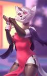 5_fingers anthro bad_trigger_discipline black_lips black_nose blurred_background breasts claws clothing female finger_claws fingers fur gun hair holding_gun holding_object holding_ranged_weapon holding_weapon legwear lips looking_at_viewer pink_eyes ranged_weapon smile solo stockings weapon whiskers white_body white_fur white_hair wide_hips kyander cosette_(captyns) domestic_cat felid feline felis mammal 2017 hi_res