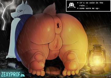 all_fours anthro anus big_anus butt dialogue feet female fur genitals horn lamp lantern looking_back overweight overweight_anthro overweight_female pawpads plump_labia presenting presenting_hindquarters pubes puffy_anus raining rear_view solo text vulva white_body white_fur zexyprof undertale undertale_(series) toriel boss_monster_(undertale) bovid caprine goat mammal english_text hi_res