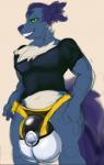 anthro balls big_balls black_clothing black_topwear bulge clothing fur genitals grey_body grey_fur grin hair looking_at_viewer male navel purple_hair purple_nose purple_tail smile solo standing tail topwear deimion_j_shadowwolf deimion canid canine canis mammal wolf colored_sketch sketch