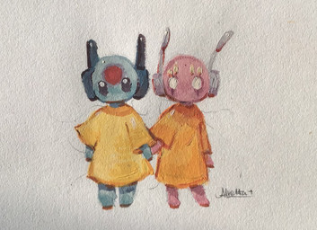 ambiguous_gender antennae_(anatomy) clothed clothing hand_holding simple_background text white_background white_eyes alretta rain_world videocult five_pebbles_(rain_world) looks_to_the_moon_(rain_world) humanoid iterator_(rain_world) artist_name hi_res painting_(artwork) traditional_media_(artwork) traditional_painting_(artwork) brother_(lore) brother_and_sister_(lore) sibling_(lore) sister_(lore)