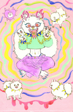 alternative_fashion ambiguous_gender anthro bottomwear bracelet chain claws clothed clothing collar colored_nails crop_top crossed_legs denim denim_bottomwear denim_clothing ear_piercing ear_ring facial_piercing fangs female feral flesh_tunnel forked_tongue fur gauged_tongue gesture group hand_gesture heart_symbol jeans jewelry looking_at_viewer nails navel navel_piercing nose_piercing nose_ring open_mouth pants pawpads paws piercing piercing_bondage psychedelic red_eyes ring_piercing septum_piercing septum_ring shirt smile solo_focus spiked_bracelet spiked_collar spikes teeth tongue tongue_out tongue_piercing tongue_ring topwear v_sign white_body white_fur kyokyota canid canine canis domestic_dog mammal pomeranian spitz 2021 absurd_res hi_res painting_(artwork) traditional_media_(artwork)