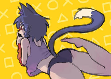 animal_ears barefoot butt clothed clothed_female clothed_humanoid clothing controller crop_top dipstick_tail eyebrows eyewear feet female female_humanoid furgonomic_underwear furgonomics game_controller glasses hair holding_controller holding_game_controller holding_object light_body light_skin lying markings on_front panties rear_view red_eyes red_eyewear red_glasses shirt simple_background sleeveless_shirt solo tail tail_markings thick_thighs toes topwear underwear wearing_glasses yellow_background karu184 playstation sony_corporation sony_interactive_entertainment animal_humanoid cat_humanoid felid felid_humanoid feline feline_humanoid humanoid mammal mammal_humanoid 2023 portrait three-quarter_portrait