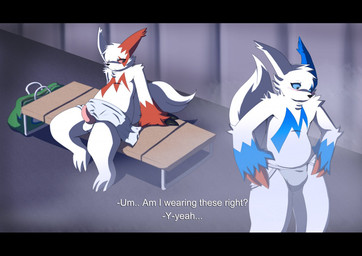 3_toes anthro bag balls barefoot bench black_bars blue_body blue_eyes blue_fur blush claws clothing dialogue duo erection feet fur genitals inside jockstrap locker locker_room male male/male markings nude on_bench penis pink_penis red_eyes shadow sitting slightly_chubby standing tail tapering_penis text toes towel underwear unwanted_erection themonstarmash nintendo pokemon generation_3_pokemon pokemon_(species) shiny_pokemon zangoose english_text letterbox subtitled