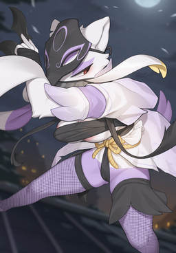 anthro anthrofied areola areola_slip big_breasts biped breasts camel_toe chest_wraps clothed clothed_anthro clothed_female clothing female fishnet_clothing front_view fur mask night outside pink_areola pokemorph purple_body purple_fur red_eyes sky solo spread_legs spreading standing thick_thighs under_boob white_body white_fur wide_hips wraps zinfyu nintendo pokemon generation_5_pokemon mienshao pokemon_(species) 2025 absurd_res digital_drawing_(artwork) digital_media_(artwork) hi_res