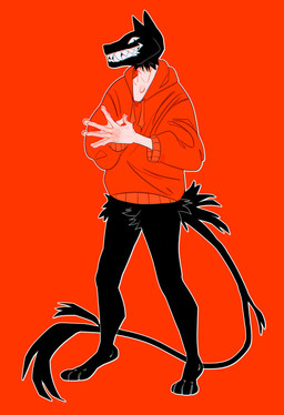 black_body black_fur bottomless clothed clothing crotch_tuft featureless_crotch fur grin hip_tuft hoodie light_body light_skin looking_at_viewer male red_background red_clothing red_hoodie red_topwear sharp_teeth simple_background simple_eyes smile solo standing tail tail_tuft teeth topwear tuft unsigned justkiddinb mammal species_request absurd_res full-length_portrait hi_res portrait