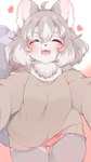 ahoge anthro blush bra_strap breasts camel_toe chest_tuft clothed clothing cute_fangs eyes_closed fangs female female_anthro fluffy fur grey_body grey_fur grey_hair hair happy heart_symbol imminent_hug kemono multicolored_body multicolored_fur multicolored_hair off_shoulder open_mouth open_smile oversized_clothing panties pantsless pattern_clothing pattern_underwear short_hair shoulderless_shirt shoulderless_sweater smile smiling_at_viewer solo spread_arms sweater tail teeth thigh_gap tongue topwear tuft two_tone_body two_tone_fur two_tone_hair underwear white_body white_fur white_hair nuk_sun okamiya canid canine canis mammal wolf 2022 alternate_version_at_source digital_media_(artwork) hi_res