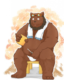anthro beard black_nose brown_body brown_fur bulge clothing facial_hair fur humanoid_hands kemono male overweight overweight_anthro overweight_male sitting solo towel underwear andikapatok bear mammal 2015 hi_res
