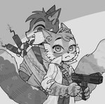 anthro clothed clothing duo dynamite explosives gun holding_object holding_submachine_gun holding_weapon inner_ear_fluff looking_at_viewer male notched_ear open_mouth open_smile ranged_weapon simple_background smile tongue tongue_out tuft weapon thebeigehopp lackadaisy calvin_mcmurray rocky_rickaby domestic_cat felid feline felis mammal greyscale hi_res monochrome