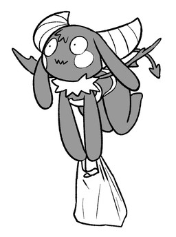 2_horns anthro black_body black_ears black_fur black_tail black_tuft black_wings bra cheek_markings circle_(marking) clothing facial_markings featureless_feet featureless_hands feet female female_anthro floppy_ears flying fur head_markings head_tuft holding_groceries horn long_ears lop_ears markings membrane_(anatomy) membranous_wings mouth_closed panties simple_background small_wings solo spade_tail tail tuft underwear white_background white_bra white_cheeks white_clothing white_horn white_panties white_underwear wings o-den bibi_(o-den) demon succubus 2026 digital_media_(artwork) monochrome