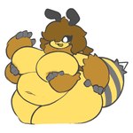 4_arms 4_fingers antennae_(anatomy) anthro arthropod_abdomen belly big_belly big_breasts biped black_sclera breasts brown_hair butt covering covering_self eyelashes female fingers front_view hair hand_on_breast holding_breast huge_breasts multi_arm multi_limb multicolored_body navel neck_tuft non-mammal_breasts nude nude_female one_eye_obstructed open_mouth open_smile overweight overweight_female simple_background smile solo stinger thick_thighs three-quarter_view tuft white_background white_eyes wide_hips yellow_body white_slime_(artist) mina_(angelpurrverton) arthropod bee hymenopteran insect 1:1 2024 digital_drawing_(artwork) digital_media_(artwork) hi_res
