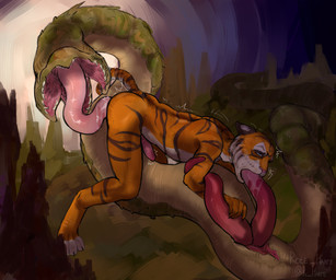 2_penises 69_position anthro cave double_dick duo genitals male male/male multi_genitalia multi_penis oral penis sex size_difference tail tongue xenophilia rote_haare felid feline mammal pantherine tiger unknown_species worm 6:5 absurd_res hi_res
