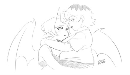 2_horns arm_tattoo bottomwear breasts clothed clothing duo eyeliner eyeshadow female female/female hair horn horn_jewelry horn_ring hug jewelry makeup membrane_(anatomy) membranous_wings not_furry overweight ring_(jewelry) shirt short_hair simple_background t-shirt tattoo topwear white_background wings kianamai pretty_pretty_please_i_don't_want_to_be_a_magical_girl lady_devoid miss_(idwtbamg) horned_humanoid human humanoid mammal digital_media_(artwork) greyscale monochrome sketch